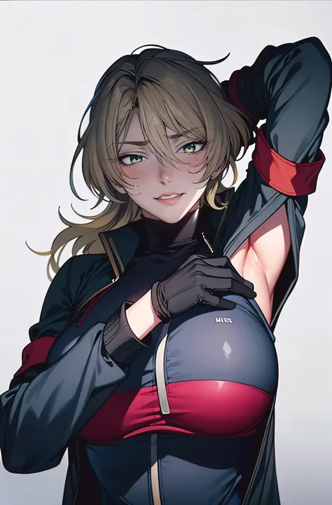 armpits, 1girl, gloves, looking_at_viewer, black_gloves, solo, jacket, long_sleeves, arm_up, parted_lips, black_shirt, shirt, black_jacket,  grey_background, upper_body, gradient_background, breasts, gradient, blush, grin, mole, arm_behind_head, large_brea...