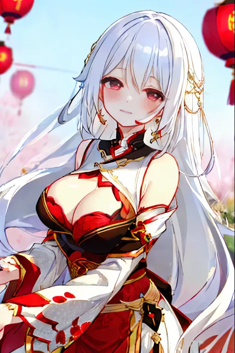 pure white hair color，elegant，ruby-like deep and charming eyes，shining a bright red like blood，full breasts，clothing for the spr...