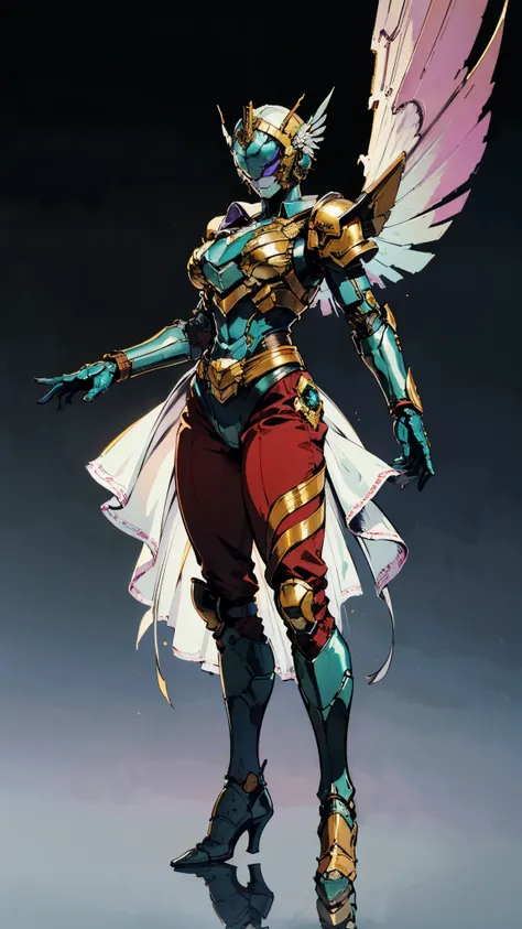 A woman adorned in fantasy-style full-body armor, a crown-concept fully enclosed helmet that unveils only her eyes, a composite layered chest plate, fully encompassing shoulder and hand guards, a lightweight waist armor, form-fitting shin guards, the overa...