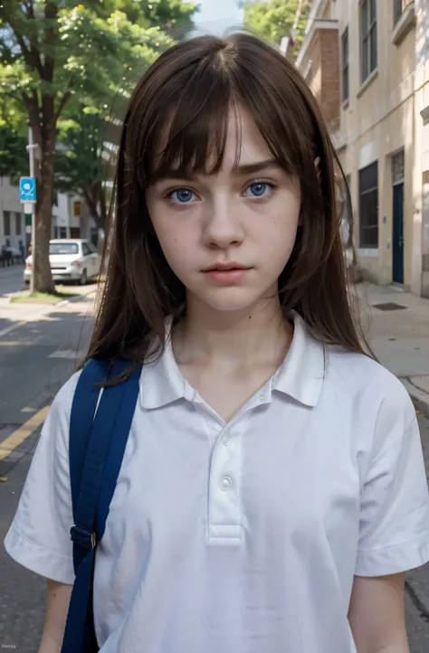 (Mejor calidad,hyper realistic,ultra detallado,8K), adolescente, Fifteen years old, shy, triste, palidez, grandes ojos azules, piel muy blanca, small nose, short brown hair with bangs, melancholia, Hermoso uniforme escolar, dia de la calle.