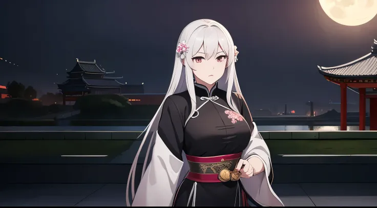 Masterpiece, Best, Night, Full Moon, 1 Female, Mature Woman, Chinese Style, Ancient China, Elder Sister, Royal Sister, Cold Face, Expressionless, Silver White Long Haired Woman, Pale Pink Lips, Calm, Intellectual, Three Belts, Gray Hitomi, assassin, dagger...