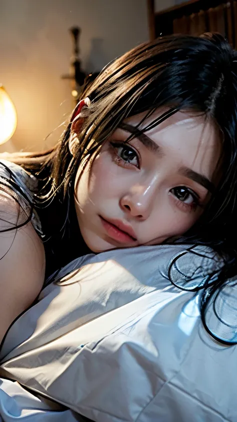 1 girl, masterpiece, high quality, 最high quality, High resolution, High resolution, beautiful lighting, highly detailed face, black hair, 8k、20-year-old、japanese woman、perfect anatomy、bed、sleep:1.3、close your eyes:1.5