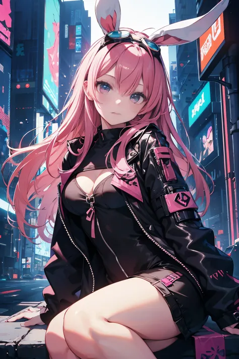 High quality、highest quality、complete limbs、Ultra high definition、Sparkling eyes、full finger、slender beauty、knee high、Wearing revealing clothes、cyberpunk style、near future、Bunny girl、goggles、pink hair