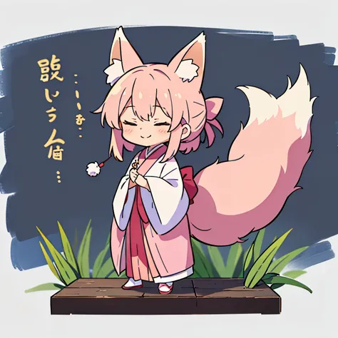 White background，no background，Q version，Hanfu，fox ears，light pink hair，Standing posture，full-body shot，No action，Smile，Close eyes，one person，solo，a tail