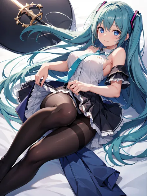 (1 girl),(high quality), (High resolution), (extremely detailed), (8K),(focus on lower body),(CG),Hatsune Miku、Gravure idol、Magic Knight、magic swordsman、Magic Mentor、school uniform、sexy panties、(black pantyhose:1.2)、erect nipple shape、No shoes、(neutral whi...