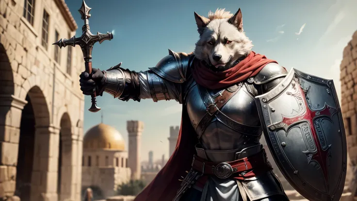 (dog warrior:1) (anthropomorphic:1) clad in ancient templar crusador knight armor, brandishing a sword and shield with templar cross, adorned with sleek gray fur and (piercing eyes:1), (red eyes:1) majestically positioned amidst ancient jerusalem.