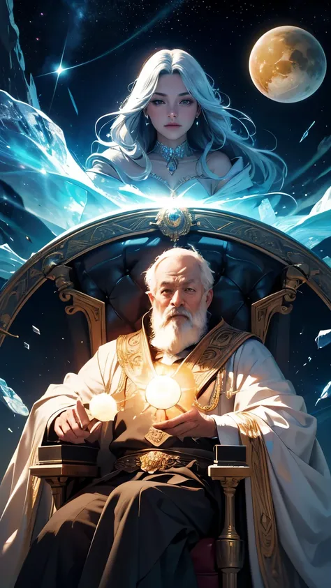 super high resolution, best quality, photo, 16k, (photorealistic: 1.2), cinematic lighting, An old man in the shape of a mythical god. Depict the god holding the sun and moon, enveloped by a radiant aura. Seat them on a magnificent throne within a cosmic b...