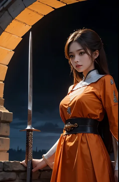 warrior、orange clothes、sword、pocket、Beautiful Woman、medieval castle