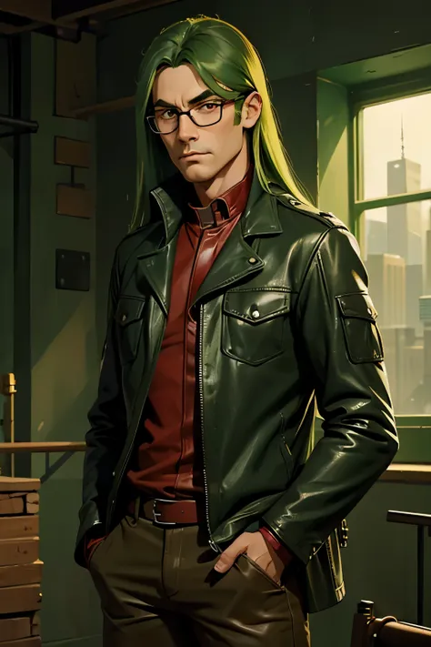 man, glasses, long green hair, red eyes, leather clothes, hand in pocket