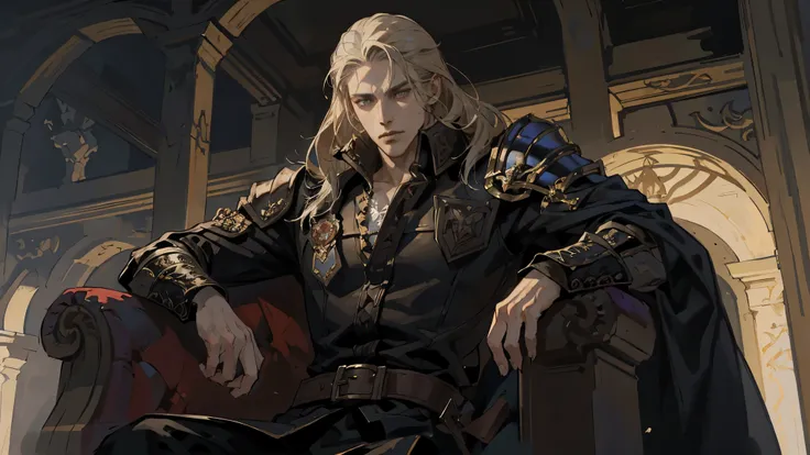 castlevania shadow lord handsome lord muscle dracula on throne，wear stylish armor. hyper-realistic hyper-detailed dynamic poses....