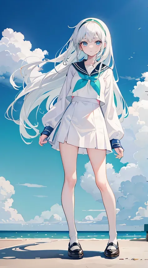 white hair，long hair，Bangs，Bangs整齐，green hair band，gray eyes，girl，Lovely，Body is very thin， JK sailor suit，white silk，Wear small leather shoes on your feet，whole body，stand on the ground，Does not expose fingers，The background is blue sky and white clouds