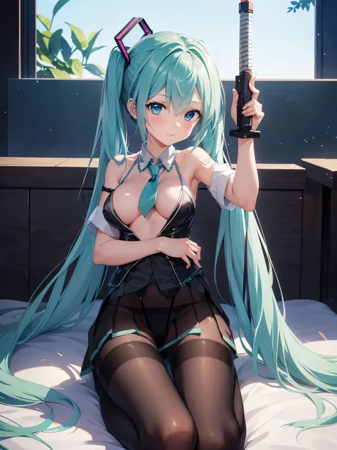 (1 girl),(high quality), (High resolution), (extremely detailed), (8K),(focus on lower body),(CG),(Hatsune Miku)、Gravure idol、Magic Knight、magic swordsman、Magic Mentor、school uniform、sexy panties、(black pantyhose:1.2)、(nipple shape)、No shoes、(neutral white...