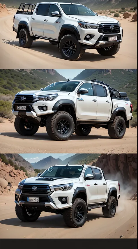 Toyota Hilux Revo pickup truck, raised, 4 doors, decorated in offroad style.,Steel bumper around the car,Has a roof rack and roll bar.,Off-road tires, 20-inch rims 20 inch rims, offroad pattern,Running on rough rocky roads,There is a rhino pattern sticker ...