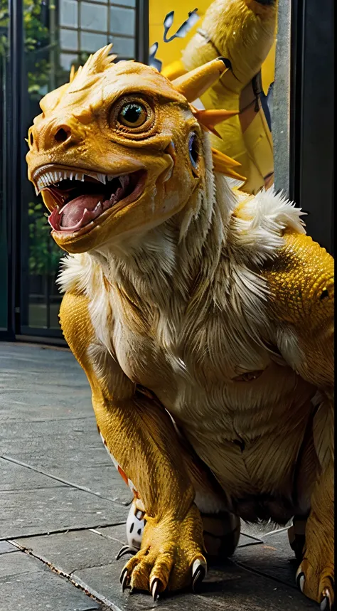 Masterpiece, Highest Quality, Ultra-Detailed, Hyper-Real, ((Agumon)), Perfect Face, FOTO FRONTAL, cinematic lighthing, full body, digimon, 