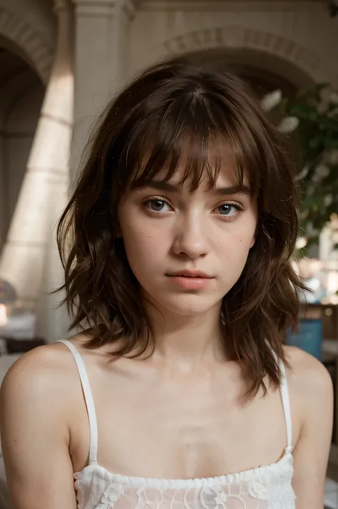 mejor calidad, hyper realistic, Detalles, 8K, adolescente, Fifteen years old, shy, triste, palidez, Grandes ojos azules, piel muy blanca, small nose, short brown hair with bangs, white rose garden, Torre Eiffel, Paris.