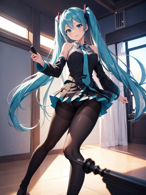 (1 girl),(high quality), (High resolution), (extremely detailed), (8K),(focus on lower body),(CG),(Hatsune Miku)、Gravure idol、Magic Knight、magic swordsman、Magic Mentor、school uniform、sexy panties、(black pantyhose:1.2)、(nipple shape)、No shoes、(neutral white...