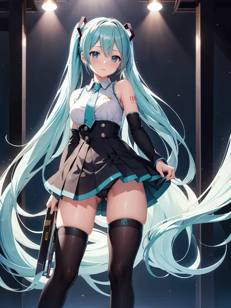 (1 girl),(high quality), (High resolution), (extremely detailed), (8K),(focus on lower body),(CG),(Hatsune Miku)、Gravure idol、Magic Knight、transparent costume、Magic Mentor、school uniform、sexy panties、(black knee high stockings:1.2)、(nipple shape)、No shoes、...