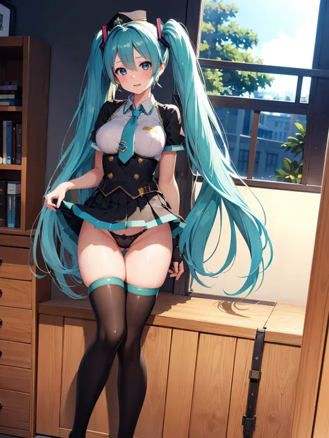 (1 girl),(high quality), (High resolution), (extremely detailed), (8K),(focus on lower body),(CG),(Hatsune Miku)、Gravure idol、Magic Knight、transparent costume、Magic Mentor、school uniform、sexy panties、(black knee high stockings:1.2)、(nipple shape)、No shoes、...