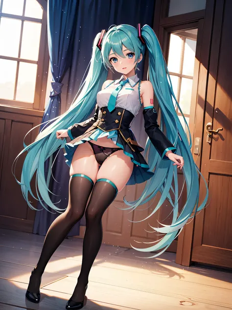 (1 girl),(high quality), (High resolution), (extremely detailed), (8K),(focus on lower body),(CG),(Hatsune Miku)、Magic Knight、(transparent costume)、Magic Mentor、school uniform、sexy panties、(black knee high stockings:1.2)、(nipple shape)、No shoes、neutral whi...