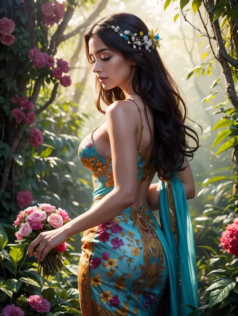 Vibrant, colorful, and detailed painting of a woman representing nature. She is standing in a lush forest, surrounded by flowers, trees, and animals. The womans hair is long and flowing, and her skin is radiant. She is wearing a flowing gown made of leaves...