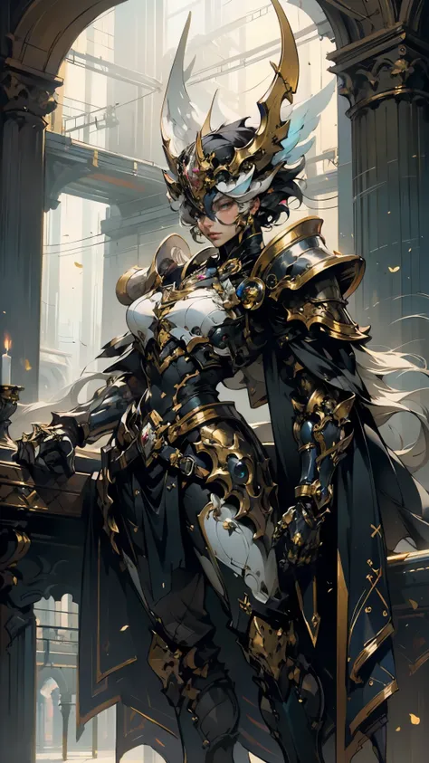 A woman adorned in fantasy-style full-body armor, a crown-concept fully enclosed helmet that unveils only her eyes, a composite layered chest plate, fully encompassing shoulder and hand guards, a lightweight waist armor, form-fitting shin guards, the overa...