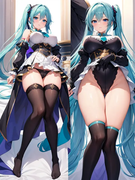 (1 girl),(high quality), (High resolution), (extremely detailed), (8K),(focus on lower body),(CG)、Magic Knight、transparent costume、Magic Mentor、sexy panties、(black knee high stockings:1.2)、(nipple shape)、No shoes、neutral white lighting,sexy pose、showing pa...