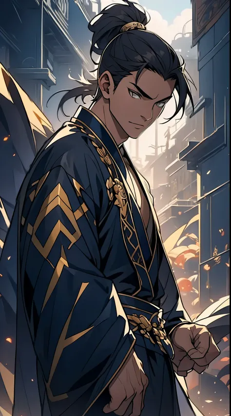 Two dimensions，anime style，one person（male warrior），proportions are correct，facial details，swordsman，high ponytail hairstyle，neck detail，Have an Adam&#39;s apple，Black and gold robe，joke，Black and gold robe，clothing details，Hand over，long sleeves，Game qual...