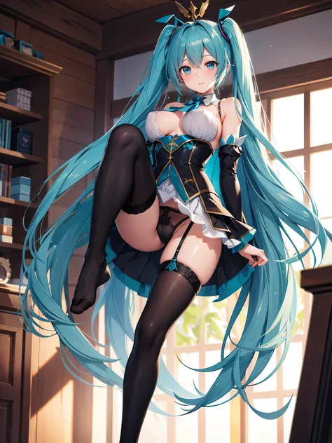 (1 girl),(high quality), (High resolution), (extremely detailed), (8K),(focus on lower body),(CG)、Magic Knight、transparent costume、Magic Mentor、sexy panties、(black knee high stockings:1.2)、nipple shape、No shoes、neutral white lighting,sexy pose、showing pant...