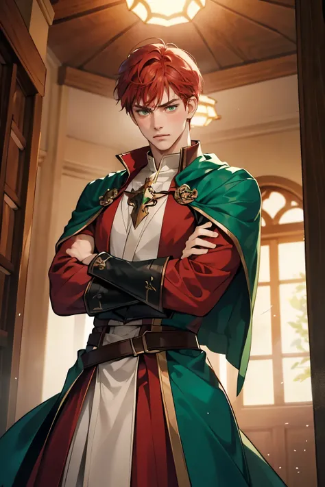 1male, tall and strong, perfect male body, adult male, (red hair, green eyes, wizard clothing, angry, blush), looking at viewer, cross his arms, face focus, sanpaku, potions room, pov, ray tracing, cinematic lighting, an extremely delicate and beautiful, b...