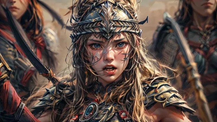 4K, (초고rage질), ((very delicate face)), ((Central background across the center of the battlefield)) they are at war. They fight facing each other from the left and right sides....., The female warrior is on the left.., The Southern Warrior is on the right,k...