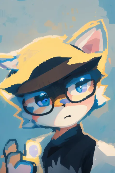 There is an image of a cat wearing glasses, Joshy Sly style art, Cartoon rendering style, Sonic, unknown art style, Sora is a cat, Professional furry drawing, valguart style, sly expression, sad blue eyes, human cat, animal art, QR diagram art, 2D art