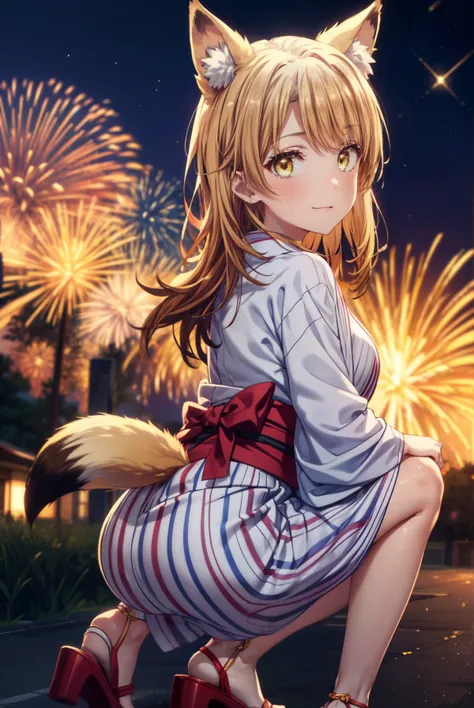 irohaisshiki, isshiki iroha, long hair, brown hair, (brown eyes:1.5), smile,animal ears　fox ears from the top of the head,animal...