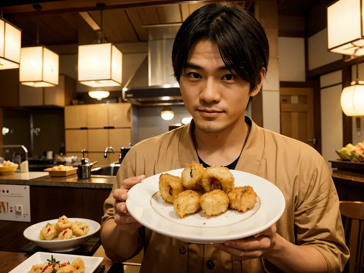 Japanese man holding a plate of tempura 