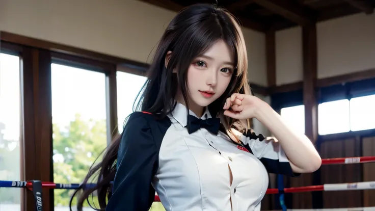 Beautiful girl in school uniform doing boxing、Supermodel、beautiful woman、Hitting a man、strong girl、blazer uniform、mini skirt