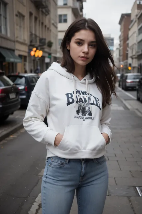 fille qui habille une blanche heavy hoodie avec un pontallon jeans