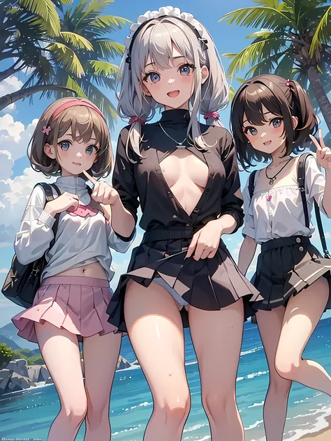 ((highest quality)), ((masterpiece)), (pretty girl), (3 girls:1.3), cute three girls are posing for a camera outdoors in the water, shirtを持ち上げる, lift the skirt, Stand in line, (Close-up shot from the knee:1.3), perfect face, smile, (open your mouth and smi...