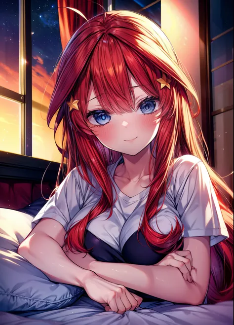 itsukinakano, itsuki nakano, bangs, hair between eyes, ahoge, redhead,  ,girl sleeping with both eyes closed，smile，bedroom，  win...