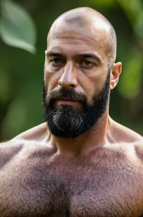 (Mejor calidad, high resolution, ultra detallado, Realista:1.37), Hiperrealismo, hiperdetallado, colores naturales, luz tenue, retrato, 40 year old man, musculoso, alto, cuerpo peludo, pecho peludo, virilidad, actor, porno gay, muy sexual, elegante, calvo,...