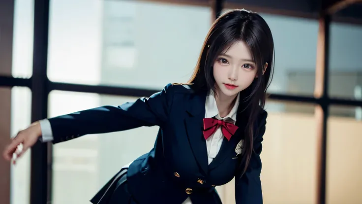 Beautiful girl in school uniform doing boxing、posture、fighting pose supermodel、beautiful woman、strong girl、blazer uniform、mini skirt