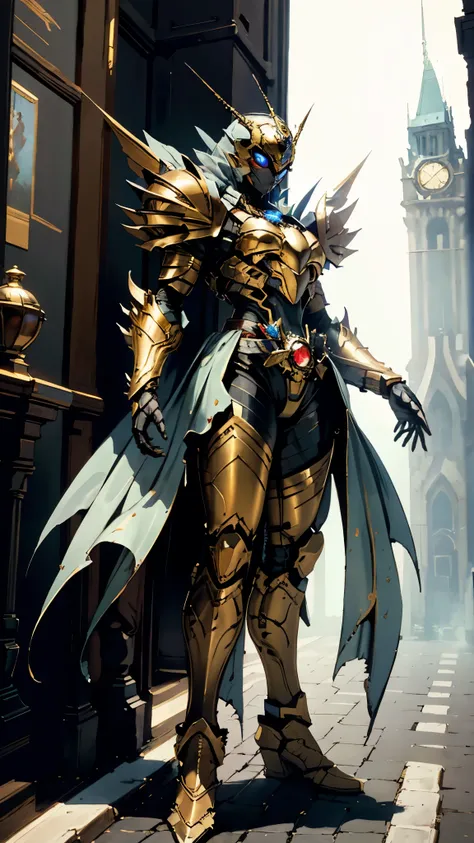 A woman adorned in fantasy-style full-body armor, a crown-concept fully enclosed helmet that unveils only her eyes, a composite layered chest plate, fully encompassing shoulder and hand guards, a lightweight waist armor, form-fitting shin guards, the overa...