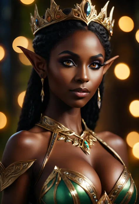 4k highly detailed realistic digital extremely high quality RAW photograph, a portrait photo of Osa Lovely as a fantasy elf queen, ebony, (beautiful and detailed eyes: 1.1), bimbo, seductive, sexy, large breasts, epic, hyperrealistic, hyperrealism, 8k, cin...