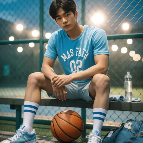 Create an image of a 25 year old Korean man, fit body with two block hair, wearing a sky blue basketball shirt with text "Mas Fath 02", short jeans and white shoes, sitting on a bench in front of a court fence, a cinematic bokeh background, showing a baske...