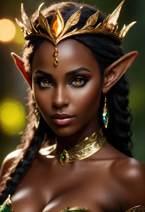 4k highly detailed realistic digital extremely high quality RAW photograph, a portrait photo of Osa Lovely as a fantasy elf queen, ebony, (beautiful and detailed eyes: 1.1), bimbo, seductive, sexy, large breasts, epic, hyperrealistic, hyperrealism, 8k, cin...