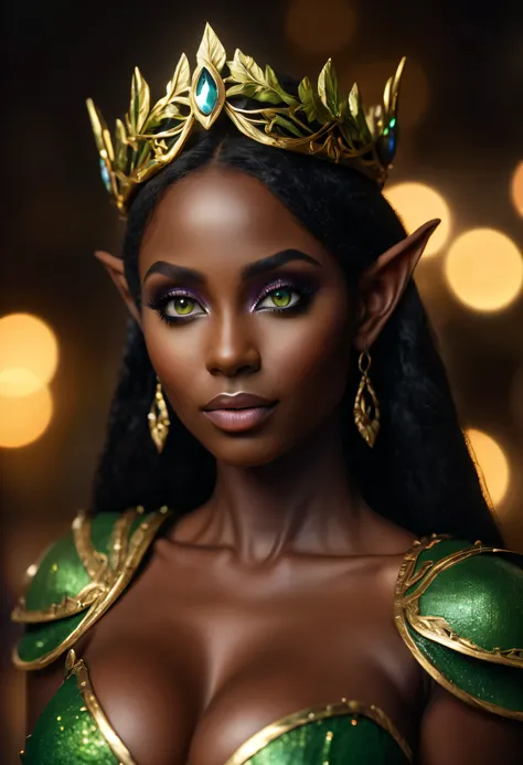 4k highly detailed realistic digital extremely high quality RAW photograph, a portrait photo of Osa Lovely as a fantasy elf queen, ebony, (beautiful and detailed eyes: 1.1), bimbo, seductive, sexy, large breasts, epic, hyperrealistic, hyperrealism, 8k, cin...