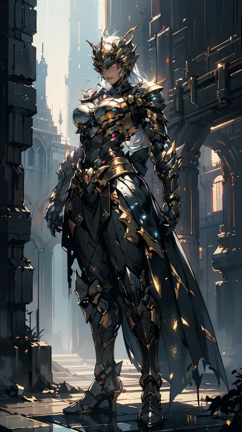 A woman adorned in fantasy-style full-body armor, a crown-concept fully enclosed helmet that unveils only her eyes, a composite layered chest plate, fully encompassing shoulder and hand guards, a lightweight waist armor, form-fitting shin guards, the overa...