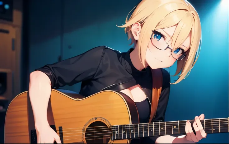 High resolution, 2D anime style,,blue eyes beautiful eyes,high and beautiful nose,thin face,blonde boyish short hair,cool adult woman,chest is a little big,She looks very happy,bite&#39;lips, she was very angry, she wears glasses,she narrows her eyes,Punk ...