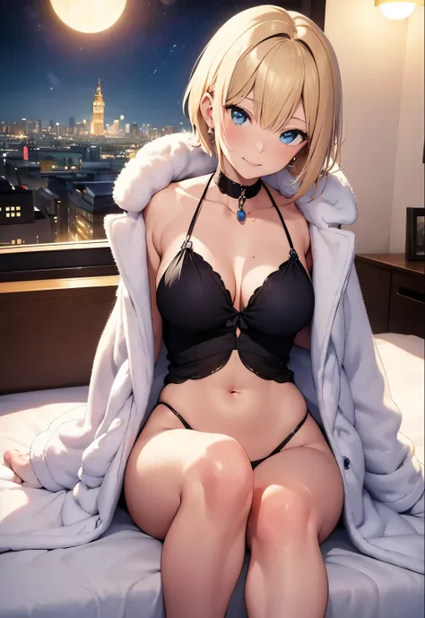 High resolution, 2D anime style,,blue eyes beautiful eyes,high and beautiful nose,thin face,blonde boyish short hair,cool woman,beautiful earrings,beautiful clock,Chest is slightly larger,she looks very sleepy,she is smiling a little,biting one&#39;s lips,...