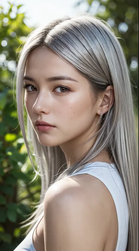 (photo realistic:1.4), (hyper realistic:1.4), (realistic:1.3), (smoother lighting:1.05), (increase cinematic lighting quality:0.9), 32K, 1girl, 19 year old girl, 172 cm tall, chest size 34D, ((long silver hair )), realistic lighting, backlighting, light on...