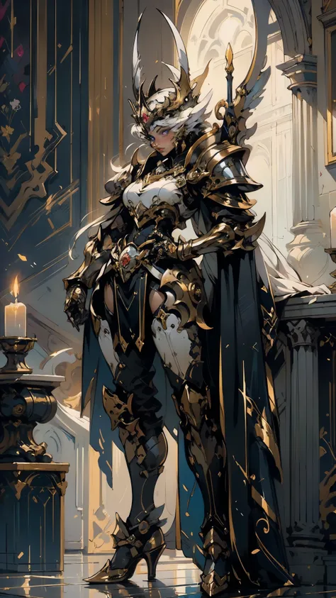 a woman adorned in fantasy-style full-body armor, a crown-concept fully enclosed helmet that unveils only her eyes, a composite ...