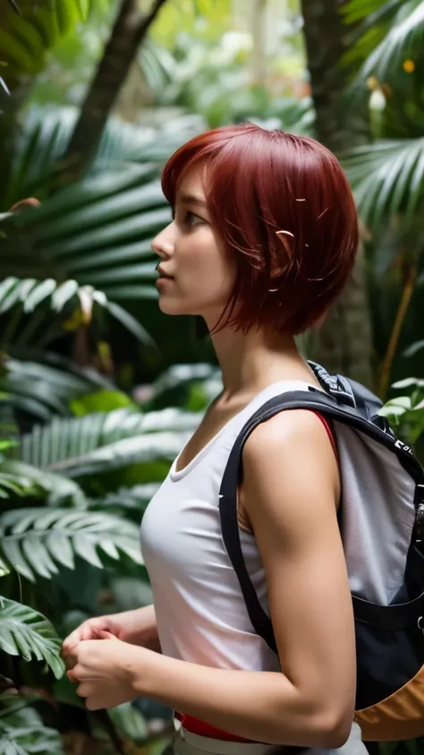 long shot of pretty girl exploring jungle, side view, wear loose white tanktop, wear tight khaki hotpants, carrying backpack, bl...